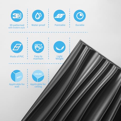 Art3d PVC Wavy Textured 3D Wall Panels, 15.7 x 11.8 Inch, 24-Pack, Black - color: Black