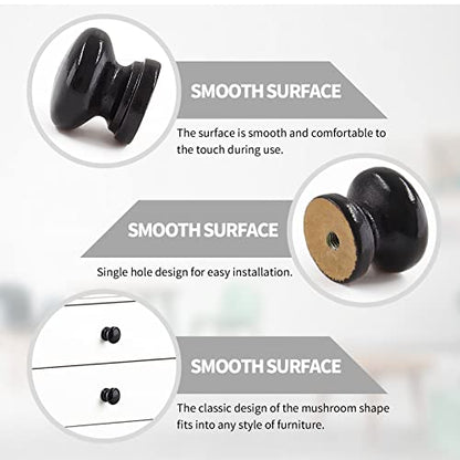 12Pcs Black Wood Dresser Knobs, Mushroom Shape - color: Black & 1 Inch