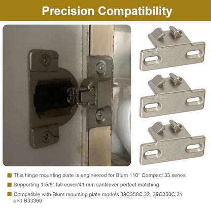 3 Pack of Hinge Mounting Plate Replacement for Blum 1 5/8" Overlay 110 Degree Compact 33 Edge, Edge Mount Plates for Blum Face Frame Overlay Hinge, Hinges for Cabinet Doors, Self Closeing Hinges