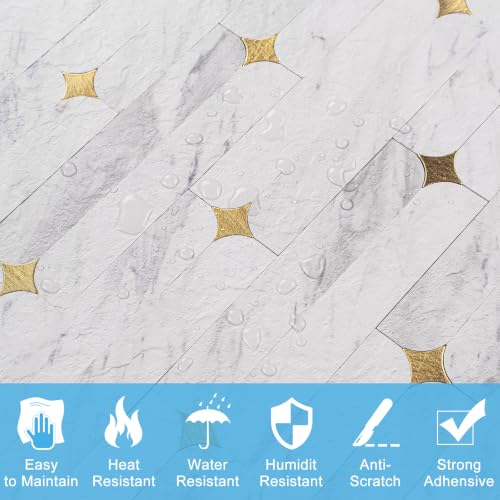 Peel and Stick Backsplash Tiles, 10-Sheet BPA-Free PVC White Mixed Gold Stellate, 12"x12" Waterproof Heat Resistant Geometric Flower Tile for Kitchen Bathroom Fireplace RV - color: White Mixed Gold Stellate