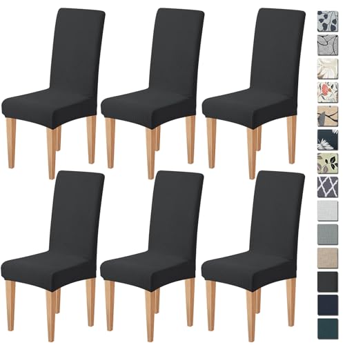 Dioxide Stretch Chair Covers for Dining Chairs, Washable Dining Chair Covers Set of 6, Soft Kitchen Chairs Seat Covers, Jacquard Parson Chair Slipcover Protectors for Home Hotel Restaurant Banquet - color: Black-yml, size: 6PCS