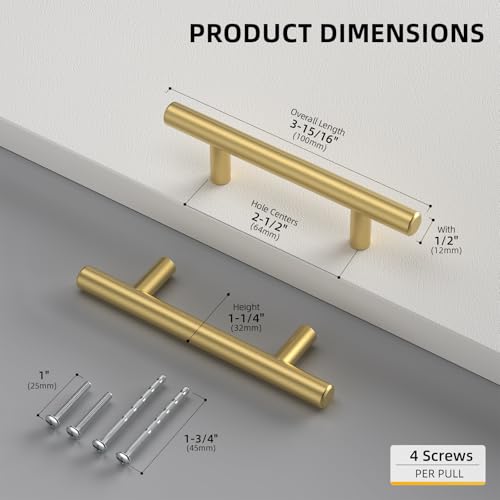 Goldenwarm 20 Pack 2-1/2" Gold Cabinet Handles Brushed Gold Cabinet Pulls - color: Gold, size: 2-1/2 Inch Hole Centers
