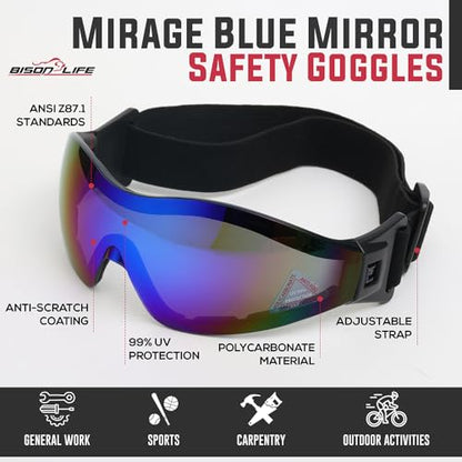 BISON LIFE Mirage Blue Mirror Lens vented Safety Goggles, ANSI Z87.1, 1Pack - color: Blue Mirror