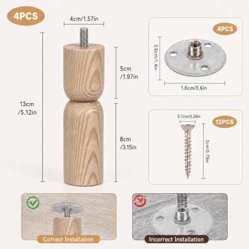 5.1 Inch wooden legs for furniture set of 4 Wood Furniture Legs Couch Feet Colorful Round Sofa Furniture Replacement Solid Wood Furniture Feet for Couch Bed Chair Cabinet Bookcase Dresser Ottoman - color: Natural