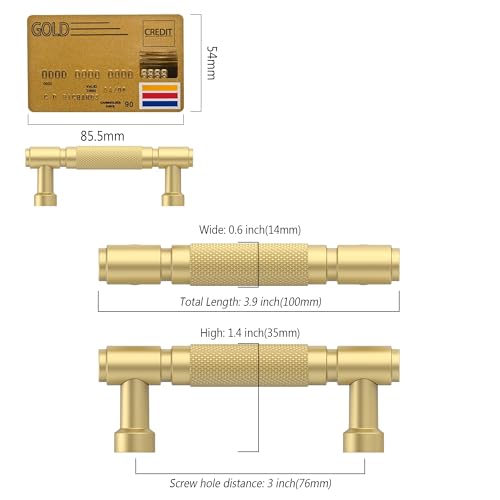 Amerdeco 10 Pack Brushed Gold knurled Cabinet Pulls 3" - color: Brushed Gold, size: 3" hole center