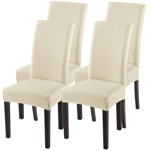 SearchI Dining Room Chair Covers Set of 4, Stretch Jacquard Parsons Chair Slipcovers Super Fit Removable Washable Kitchen Chair Protector Cover for Dining Room, Hotel, Ceremony (Beige Rhombus) - color: Beige Rhombus, size: Set of 4