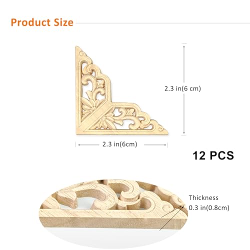 Wood Appliques 12PCS 3.1in Carved Corner Wood Onlays Furniture Decor - size: 3.1inch(8cm)