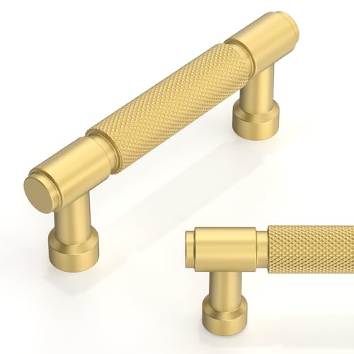 10 Pack Brushed Gold Knurled Cabinet Pulls 3 Inch(76mm) Kitchen Cabinet Handles Cabinet Hardware for Drawer Pulls - color: Brushed Gold, size: 3" Hole Center