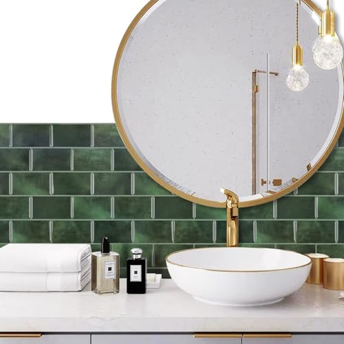 Alwayspon 10 Sheets 12"x6" Emerald Green 3D Vinyl Backsplash Marble Tiles, Self-Adhesive Peel and Stick Wall Tile Stickers Stick on Subway Tiles for Kitchen Bathroom Wall, 623 - color: Green