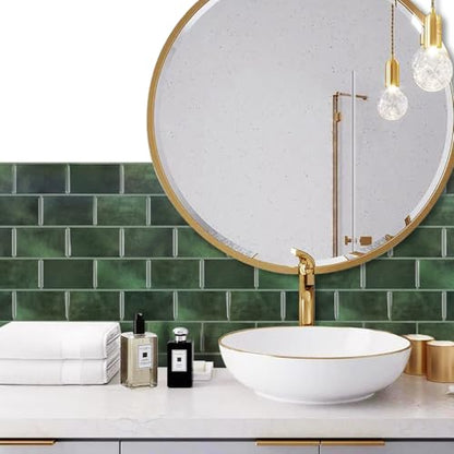 Alwayspon 10 Sheets 12"x6" Emerald Green 3D Vinyl Backsplash Marble Tiles, Self-Adhesive Peel and Stick Wall Tile Stickers Stick on Subway Tiles for Kitchen Bathroom Wall, 623 - color: Green