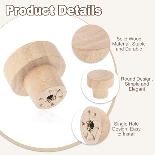 uxcell 6Pcs Round Wood Drawer Knob, 1 1/8" Diameter Flat Round Dresser Knobs Wooden Knobs with Screws for Furniture Drawer Dresser Wardrobe Cupboard - size: 1 1/8"