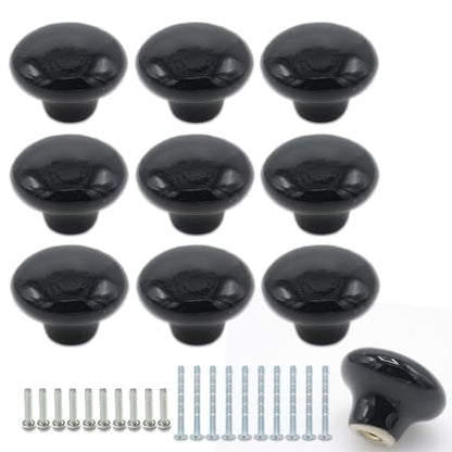 10-Pack Ceramic Cabinet Knobs Black 32mm Round Drawer Pull - color: Black