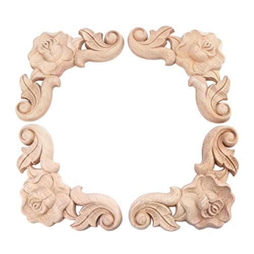 4Pcs Wooden Carved Rose Appliques Onlays, Furniture Corner Carvings Decals - size: 10x10cm/3.94"x3.94"