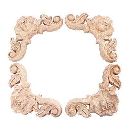 4Pcs Wooden Carved Rose Appliques Onlays, Furniture Corner Carvings Decals - size: 10x10cm/3.94"x3.94"