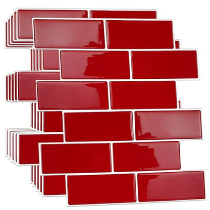 WALPLUS Premium 12 Sheets Peel and Stick Kitchen Backsplash Tile Stickers Self Adhesive Stick on Subway Tile 12" x 6" Bathroom Backsplash Water Heat Resistant 3D Wall Tiles Red Glossy - color: Red, size: 12" x 6"_12-SHEET