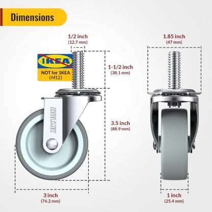 HOLKIE Caster Wheels 3 inch with No Brake Stem Casters, 1/2" -13 x 1-1/2" (Stem Diameter 1/2", Stem Length 1-1/2") Threaded Swivel Casters Set of 4 Heavy Duty Castors Grey - color: Grey-4Pack, size: 1/2" -13 x 1-1/2"