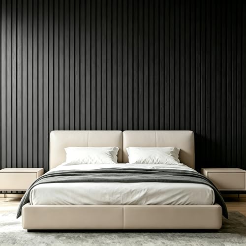 KASARO 5 Pieces Faux Wood Slat Wall Panel, Peel and Stick EVA Decor, Black - color: Black