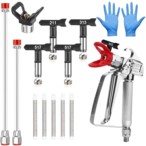 15 Pcs Airless Paint Sprayer Gun Kit – 3600PSI Professional Spray Gun, 4 Reversible Tips (211/313/415//517), 2 Extension Rods, 5 Filters & 1 Nozzle Seat，a Pair of Gloves