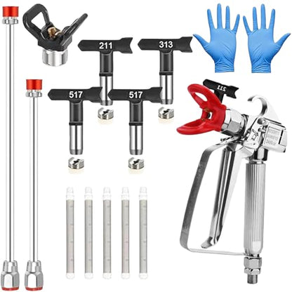 15 Pcs Airless Paint Sprayer Gun Kit – 3600PSI Professional Spray Gun, 4 Reversible Tips (211/313/415//517), 2 Extension Rods, 5 Filters & 1 Nozzle Seat，a Pair of Gloves