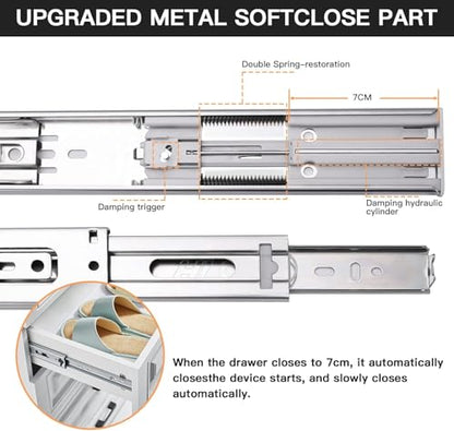 22 inch Soft Self Close Drawer Slides 6 Pairs (12pcs) Full Extension Ball Bearing 3 fold Full Stretch Side Mount Drawer Slides 100 LB Capacity Drawer Slide 22" Silver - size: 22 inch-550mm