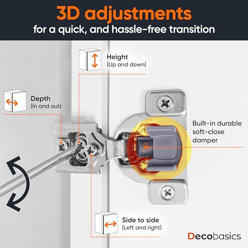 Decobasics 4 Pack Soft Close Cabinet Hinges – 7/16" Overlay for Kitchen Cabinet Doors, Face Frame Concealed Hidden Hinges – Stainless Steel, Self-Closing with 3-Way Adjustment & Slow Close Damper - size: 7/16 Inch