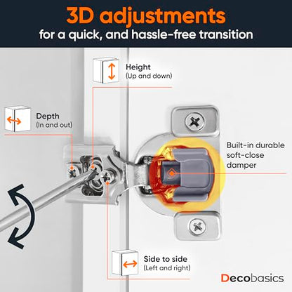 Decobasics 4 Pack Soft Close Cabinet Hinges – 7/16" Overlay for Kitchen Cabinet Doors, Face Frame Concealed Hidden Hinges – Stainless Steel, Self-Closing with 3-Way Adjustment & Slow Close Damper - size: 7/16 Inch