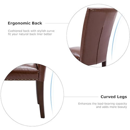 COLAMY Upholstered Parsons Dining Chairs Set of 2, PU Leather Dining Room Kitchen Side Chair with Nailhead Trim and Wood Legs - Light Brown - color: L-lightbrown, size: Set of 2