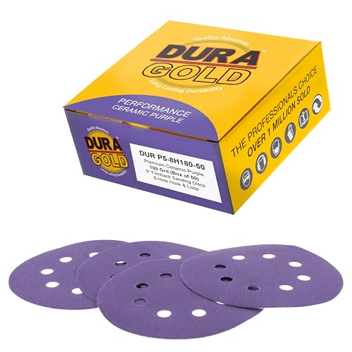Dura-Gold 180 Grit 5" Purple Film Ceramic Sanding Discs, Box of 50, 8-Hole - style: 180 Grit