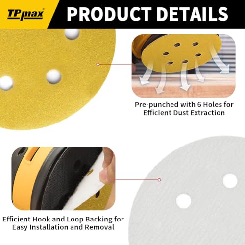 100PCS 6 Inch 400 Grit 150mm 6 Hole Sanding Discs Sandpaper - Premium Gold Round Hook and Loop for Random Orbital Sander - Ideal for Wood, Metal, Automotive - style: 400 Grit - 100 Pack