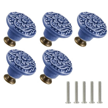 Ceramic Knobs, Embossed Floral Design - Greyish Blue, 20pcs - color: Greyish Blue