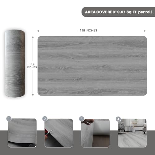 Wood Grain Peel and Stick Floor Tiles, 11.8" x 118", Soft Gray Oak - color: Ashline Rustic, size: 118"*11.8"