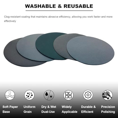 50 PCS 6 Inch Hook and Loop Sanding Discs Assorted- 320 400 600 800 1000 Grit Wet Dry Waterproof Silicon Carbide Sandpaper for Random Orbital Sander, Automotive Wood Metal Polishing & Sanding