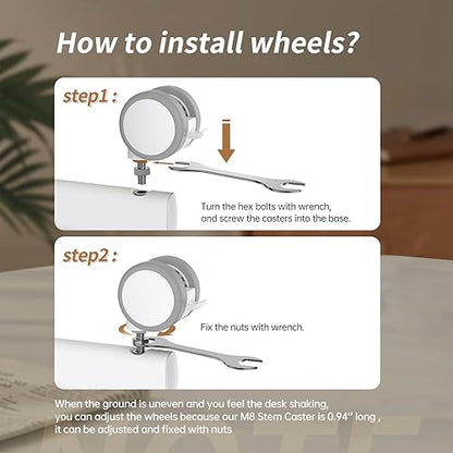 JOY Worker M8 Threaded Stem Casters 2.5" Lockable Wheels Set of 4, White - color: White