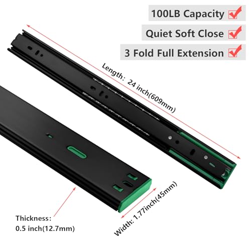 homdiy 10 Pairs Black Soft Close Drawer Slides 24 Inch Side Mount Runners - color: Black, size: 24 Inch