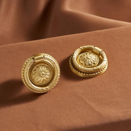 Brass Cabinet Rings Gold Knobs, Drawer Round European Handles Antique Gold Knobs for Home Kitchen, 8 Pack - size: 8 Pack