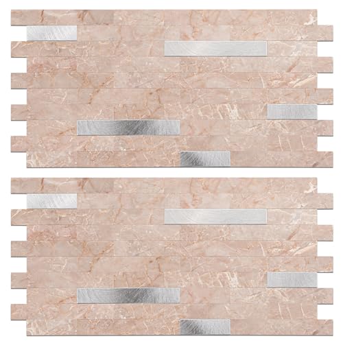 Peel and Stick Backsplash Tile Waterproof Removable PVC Wall Sticker 3D Faux Stone Marble Brick White Accent Panels (Pink Marble - Metal Silver, 40 Tiles - 18 sq. ft. (1.68 m²)) - color: Pink Marble - Metal Silver, size: 40 Tiles - 18 sq. ft. (1.68 m²)