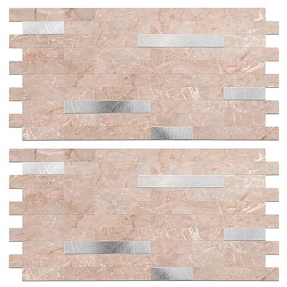 Peel and Stick Backsplash Tile Waterproof Removable PVC Wall Sticker 3D Faux Stone Marble Brick White Accent Panels (Pink Marble - Metal Silver, 40 Tiles - 18 sq. ft. (1.68 m²)) - color: Pink Marble - Metal Silver, size: 40 Tiles - 18 sq. ft. (1.68 m²)