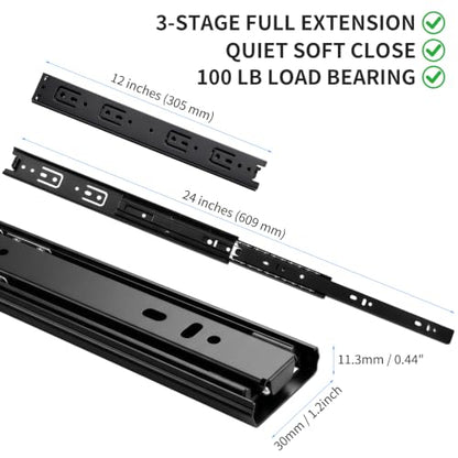 2 Pair 12" Soft Close Drawer Slide, Cabinet, 30mm, 100LB - size: 12 Inch × 2 Pair