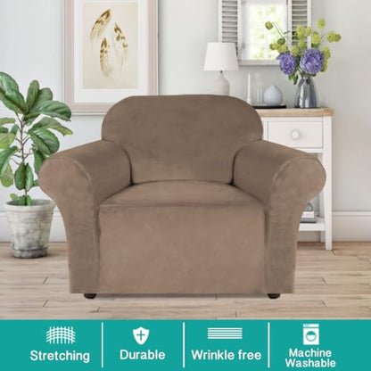 Turquoize Stretch Velvet Chair Cover Sofa Covers for Living Room Armchair Cover Chair Slip Covers with Arms Armchair Slipcover with Elastic Bottom Crafted from Soft Velvet Fabric (Chair, Coco Mocha) - color: Coco Mocha, size: Armchair
