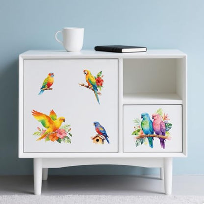 Peacoblue Parrot with Tropical Plants Rub On Transfers for Furniture 6"x12" - style: Parrot with Tropical Plants