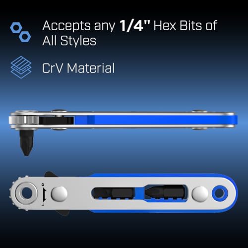Bates- Mini Ratchet Wrench, 1/4" Magnetic 90 Degree Screwdriver, Blue, Low Profile Right Angle Screwdriver for Tight Spaces - color: Blue, size: 1 pcs