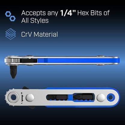 Bates- Mini Ratchet Wrench, 1/4" Magnetic 90 Degree Screwdriver, Blue, Low Profile Right Angle Screwdriver for Tight Spaces - color: Blue, size: 1 pcs