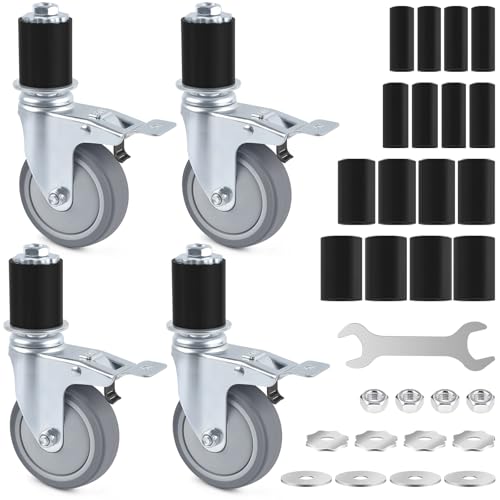 ERKOON 3 Inch Prep Table Caster Wheels Set, 4 Heavy Duty Expanding Stem Casters Fit 7/8", 1", 1-1/2", 1-5/8" Tube Leg with Brake for Stainless Steel Table, Cart, Furniture Legs, Kitchen Workbench - color: 3inch