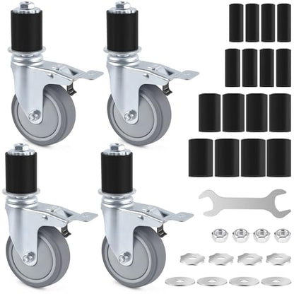 ERKOON 3 Inch Prep Table Caster Wheels Set, 4 Heavy Duty Expanding Stem Casters Fit 7/8", 1", 1-1/2", 1-5/8" Tube Leg with Brake for Stainless Steel Table, Cart, Furniture Legs, Kitchen Workbench - color: 3inch