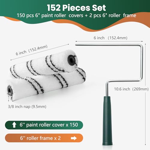 Paint Roller Covers, 150 Pack, 6 Inch, 3/8 Inch Nap - size: 6 inch paint roller 150 pack