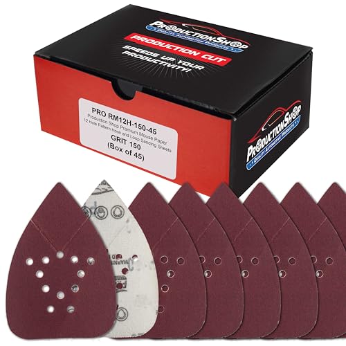ProductionShop Premium 150 Grit 12-Hole Pattern Mouse Detail Sander Sandpaper Sheets, Box of 45 - Dustless Hook & Loop Triangle Shaped Mouse Disc Pads - Fits Black & Decker Woodworking Wood Furniture - style: 150 Grit