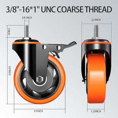 4 inch Stem Caster Wheels 2000lbs, Threaded Stem Casters Set of 4 Heavy Duty,3/8"-16 x 1(Stem Diameter 3/8", Length 1"), Safety Dual Locking Caster, Industrial Castor Wheels for Cart,Furniture - size: 4 Inch_3/8"-16x1"