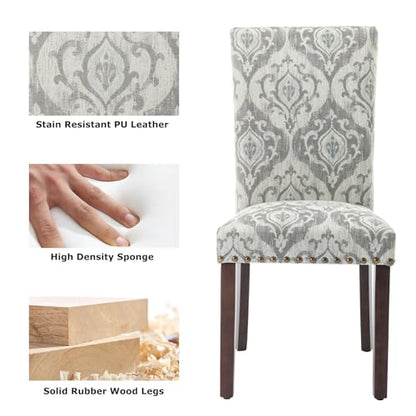 COLAMY Upholstered Parsons Dining Chairs Set of 6, Fabric Dining Room Kitchen Side Chair with Nailhead Trim and Wood Legs - Grey/White Flower - color: Grey/White Flower, size: Set of 6