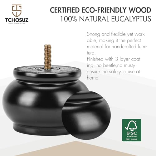 2.4 inch / 6cm Wooden Furniture Legs, Pack of 4 Classic Black Solid Wood Turned DIY Replacement Bun Feet with M8 Hanger Bolts & T-Nuts for Sofa Couch Ottoman Cabinet Table Riser