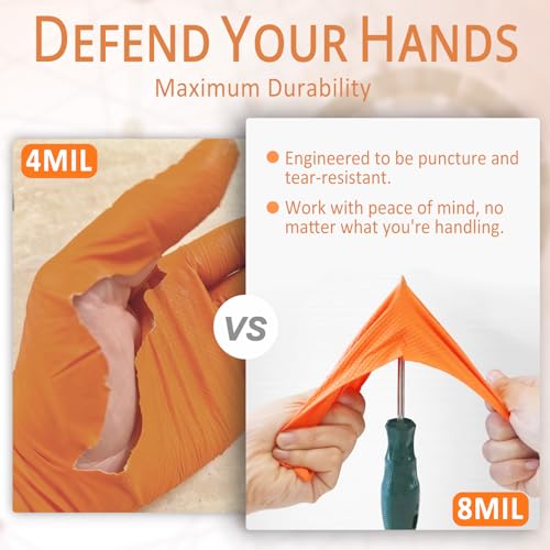 PROMEDIX P Heavy Duty Nitrile Gloves with Diamond Texture 8 Mil Latex Free Powder Free Industrial Disposable Glove - color: Orange, size: Large